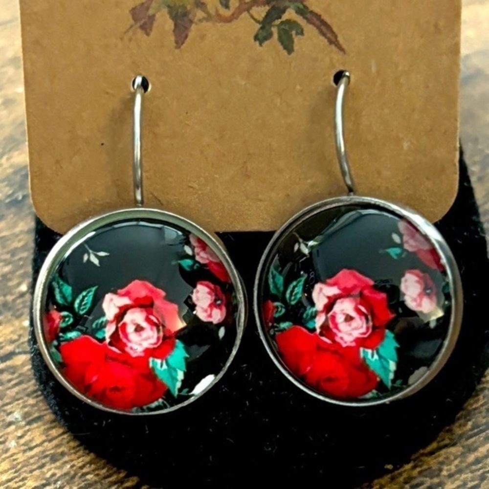 Red and Black Floral Print Lever Back Stainless Steel Earrings, NWT, Unworn